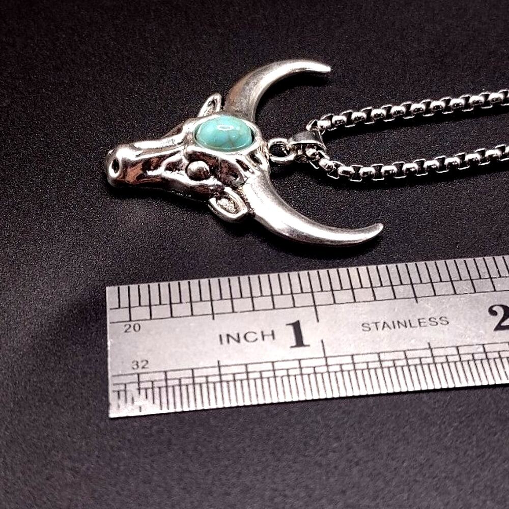 Silver Tone Necklace w/ Turquoise Bull & Horns Pendant Western Vintage Boho Gift